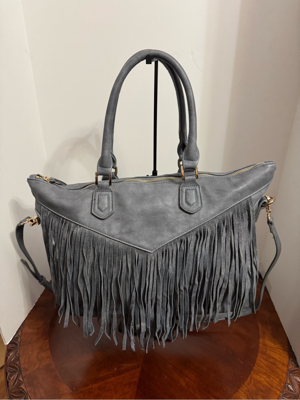 Fringed Tote Handbag in Gray - Chic Everyday Shoulder Bag
